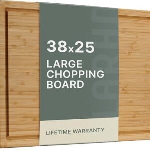 LARHN Large Wooden Chopping Board with Handle - 38x25x2cm | Solid Vertical-Grain Bamboo Cutting Board, Juice Groove, Reversible, Pre-Oiled, Plastic-Free,...