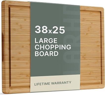 LARHN Large Wooden Chopping Board with Handle - 38x25x2cm | Solid Vertical-Grain Bamboo Cutting Board, Juice Groove, Reversible, Pre-Oiled, Plastic-Free,...