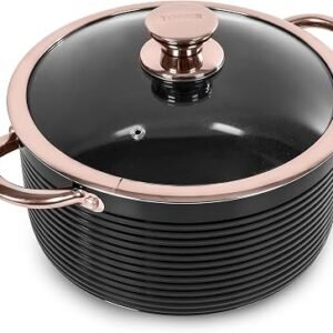 Tower Casserole Dish with Lid, Linear Collection with Easy Clean Non-Stick Ceramic Coating, Aluminium, Black and Rose Gold, 4 Litres